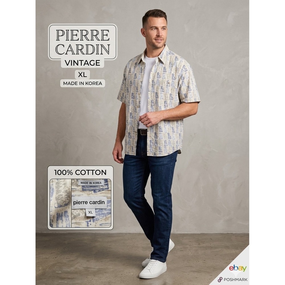 Pierre Cardin Vintage Mens XL Cotton Short Sleeve Geometric Print Button Down